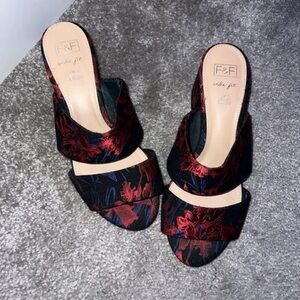 F&F Black and Red Floral Two-Band Slide Mules